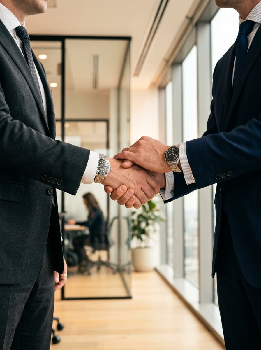 Two business executives shaking hands with integrity