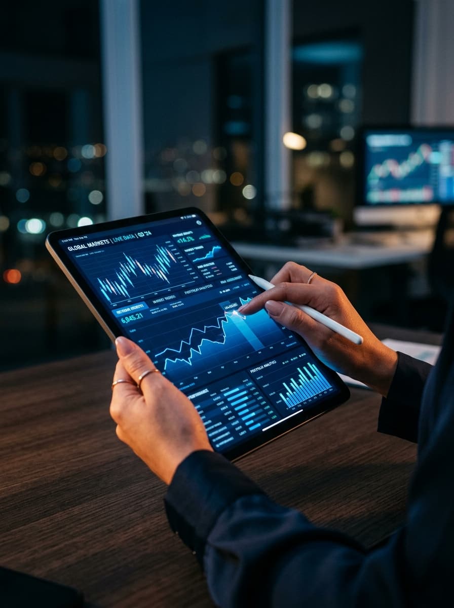 Data analysis tablet with market charts and graphs