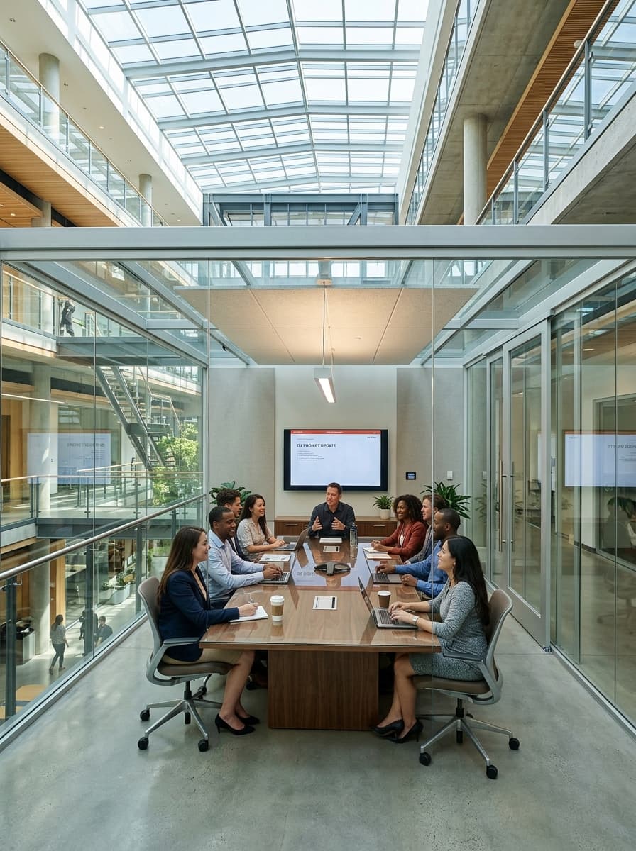 Open glass corporate meeting room representing transparency